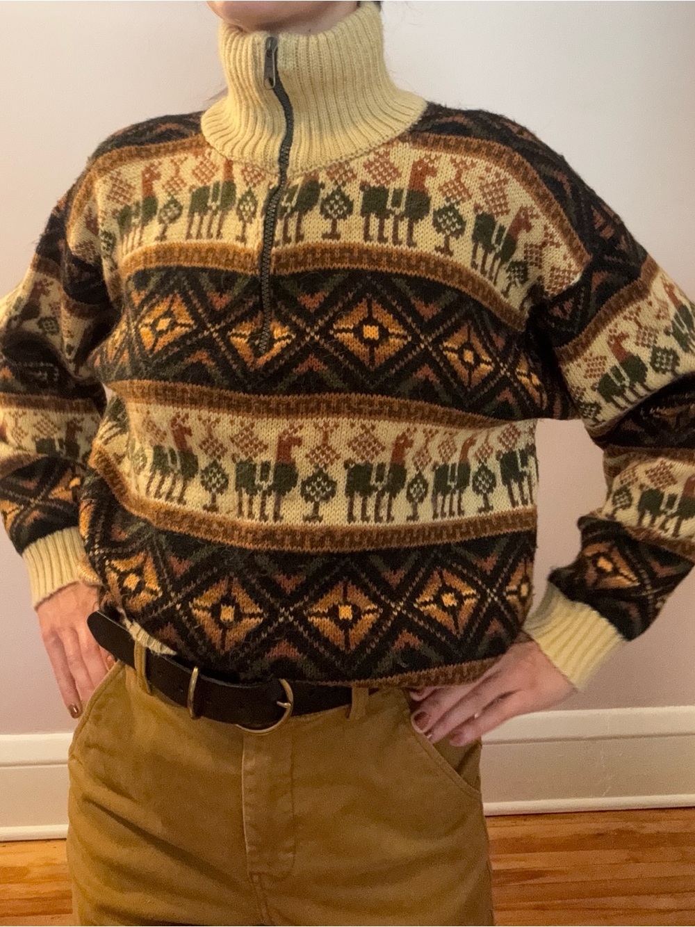 Men's High-Neck Zip South American Sweater in Cream and Brown